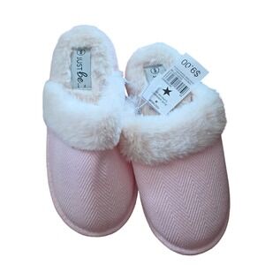 Just Be Womens Pink Herringbone Faux Fur Trim Scuff Slippers S/M 5-6 New